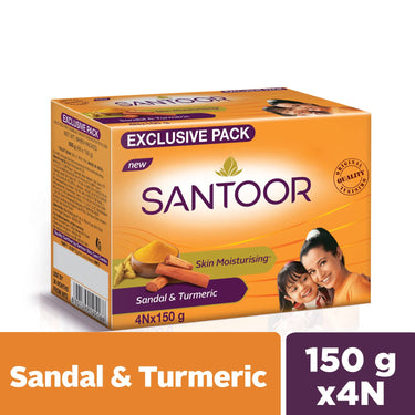 Santoor Skin Moisturizing Sandal & Turmeric Bathing Soap with Nourishing & Anti-Aging Properties| For Soft & Smooth and Younger-Looking Skin| For All Skin Types| Pack of 4, 150g
